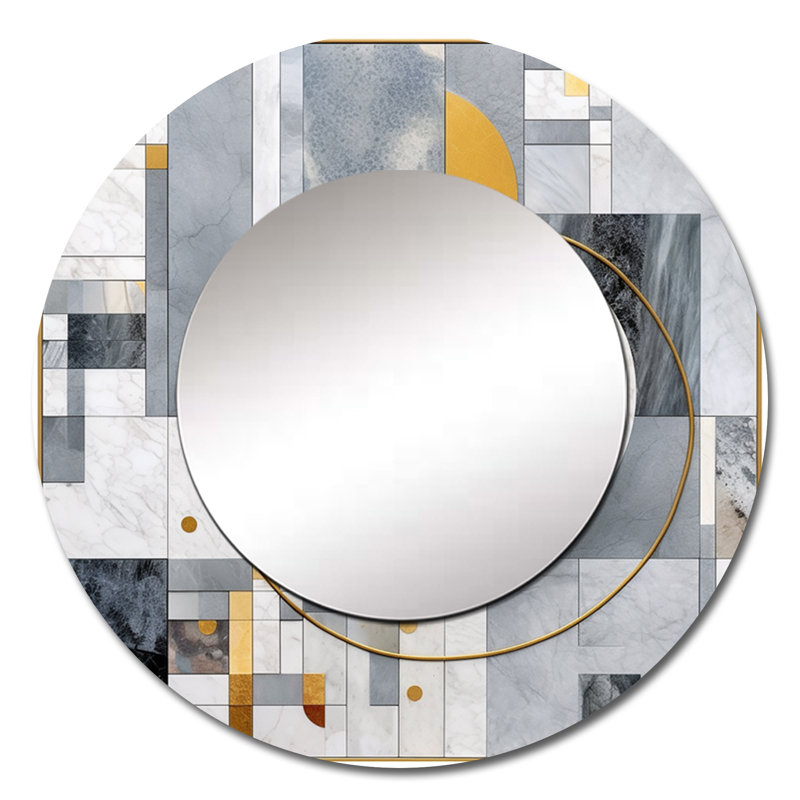 Grey and Yellow Mosaic I - Abstract Shapes Large Wall Mirror, Gray Round Unique Mirror, Printed Metal Art, 36" x 36"