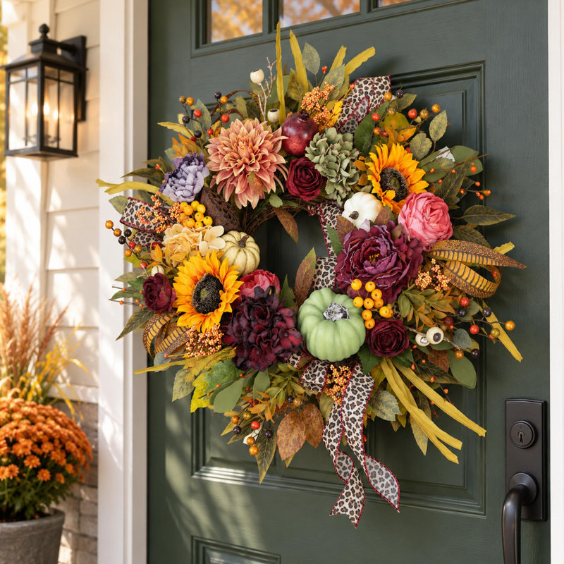 Couronne d'automne de 61 cm (24 pouces) avec citrouille et tournesol pour la porte d'entrée