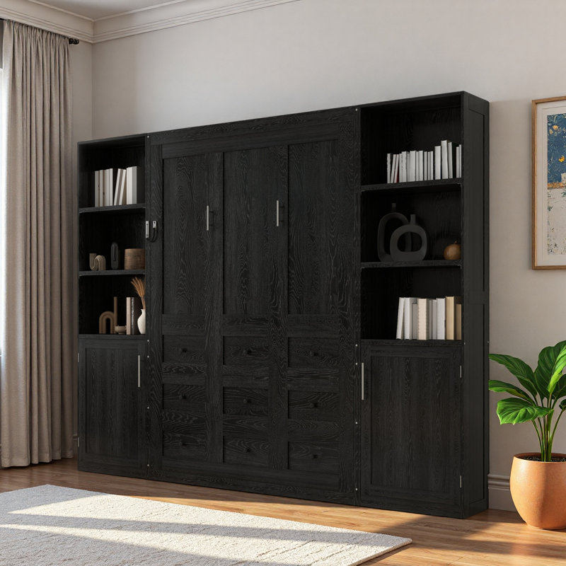 Lit escamotable en bois avec tablettes et armoires de rangement