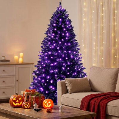 Pre-Lit Black Artificial Christmas Tree with Purple LED Lights, Lush Hinged Branches, Sturdy Metal Stand, Gothic Halloween and Holiday Décor