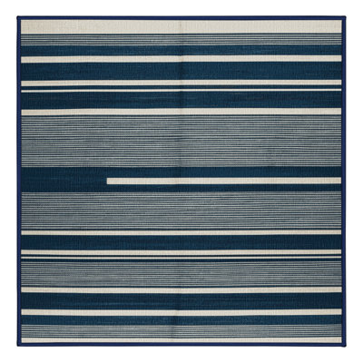 Washable Steel Blue White Striped Area Rug