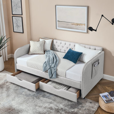 Twin Size Upholstery Daybed With Trundle Bed And Two Storage Drawers , Flat Arms With Pocket, Extendable Daybed For Bedroom Living Room,Linen
