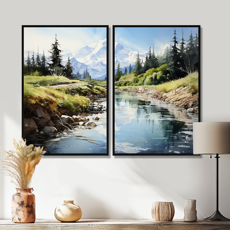 «Mountains Pinnacle Reflections I», reproduction d'art sur toile, Black, 36" H x 48" W, Impression encadrée flottante