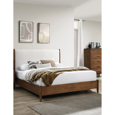 Full Size Bed In Walnut And Beige Boucle, Mid - Century Modern Style, Solid Wood, Fabric Panel Headboard, Round Tapered Legs, For Bedroom Boucle Upholstered Bed, Design, Make Over Choice