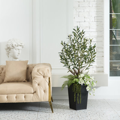 Adcock Artificial Olive Tree 4FT - UV Resistant Faux Olive Tree with Tapered Planter and Decorative Plants