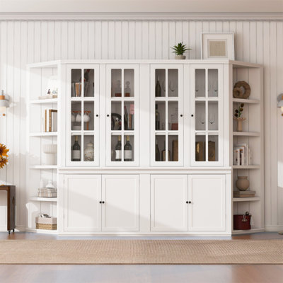 2 armoires de garde-manger de 75,25 po de hauteur et deux tablettes triangulaires à côtés, combinaison murale de style rétro de 105,5 po de largeur avec portes en verre, pour les couloirs, le salon, le bureau, le studio ou l'espace de travail