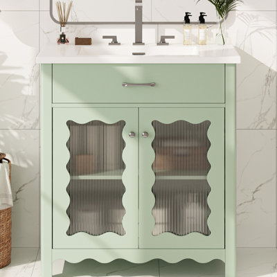 Meuble-lavabo 31 po avec portes à fermeture en douceur, tablettes réglables, verre à rayures verticales et pieds en bois d'hévéa pour lavabo rectangulaire pratique en céramique, espace de rangement spacieux