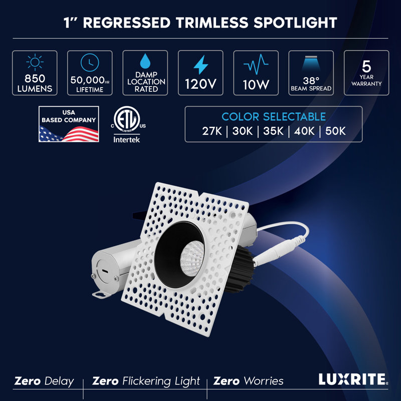 Projecteur encastré sans cadre 1 pouce DEL avec projecteur noir LUXRITE 10W, 850LM, 5CCT, angle de faisceau de 38 °, intensité variable, Paquet de 4 homologué CRI90