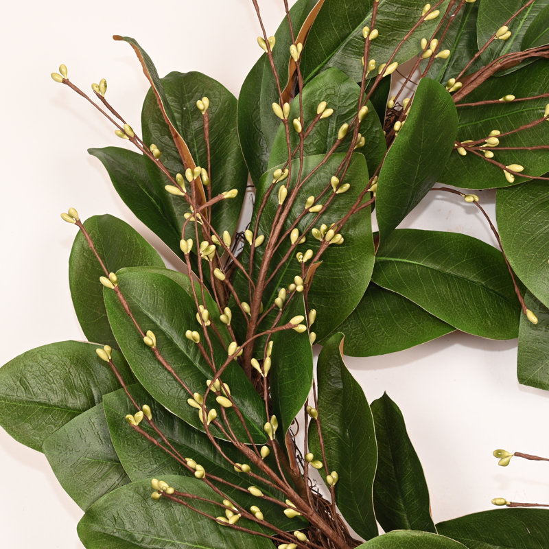 Couronne de feuilles de magnolia artificielle 24 po 24 po, Vert clair