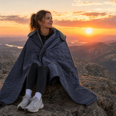 Tapis de pique-nique de camping à capuchon en plein air 78,7 x 55,1 en polaire 210T avec chapeau détachable, sac à main à bandoulière et pochette de rangement cachée, bleu
