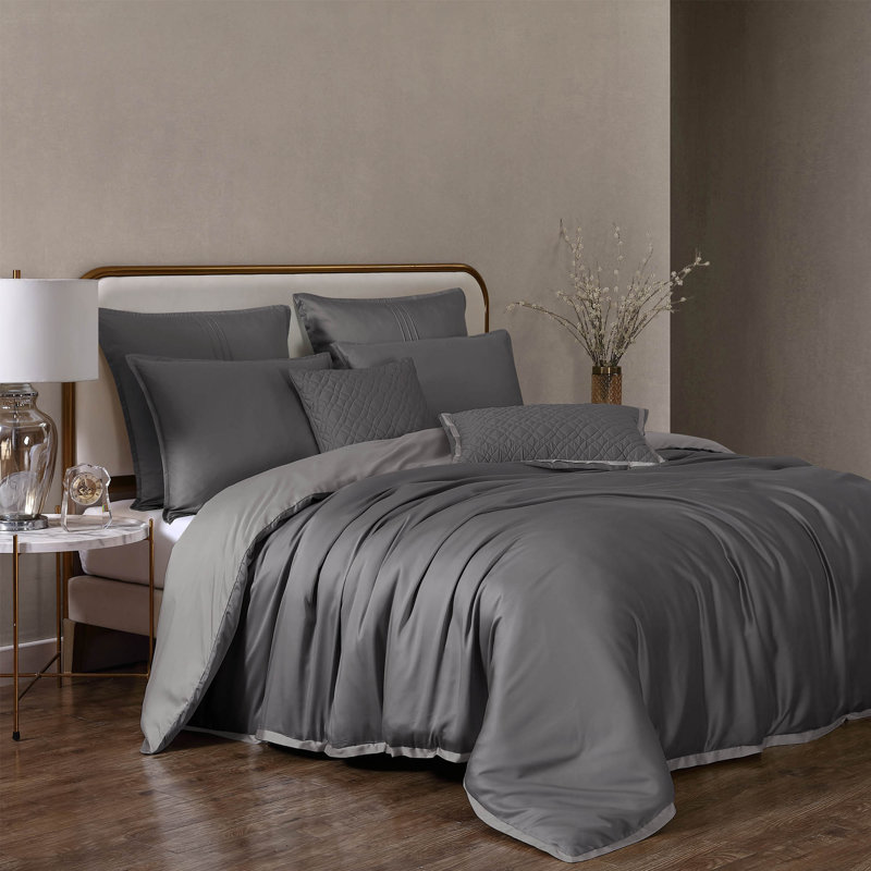 Literie Noble Tence Tencel Lyocell, Édredon grand + 2 taies d'oreiller, Vert / gris