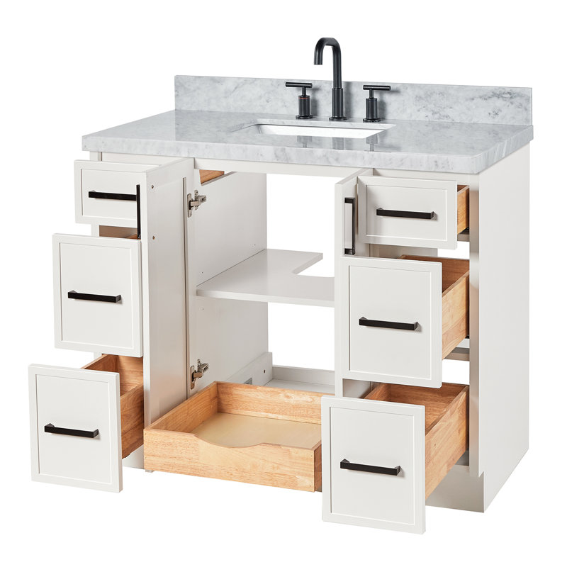 Ariel Kelly 43 Inch Single Rectangular Sink Bathroom Vanity With Italian Carrara Marble Countertop, White