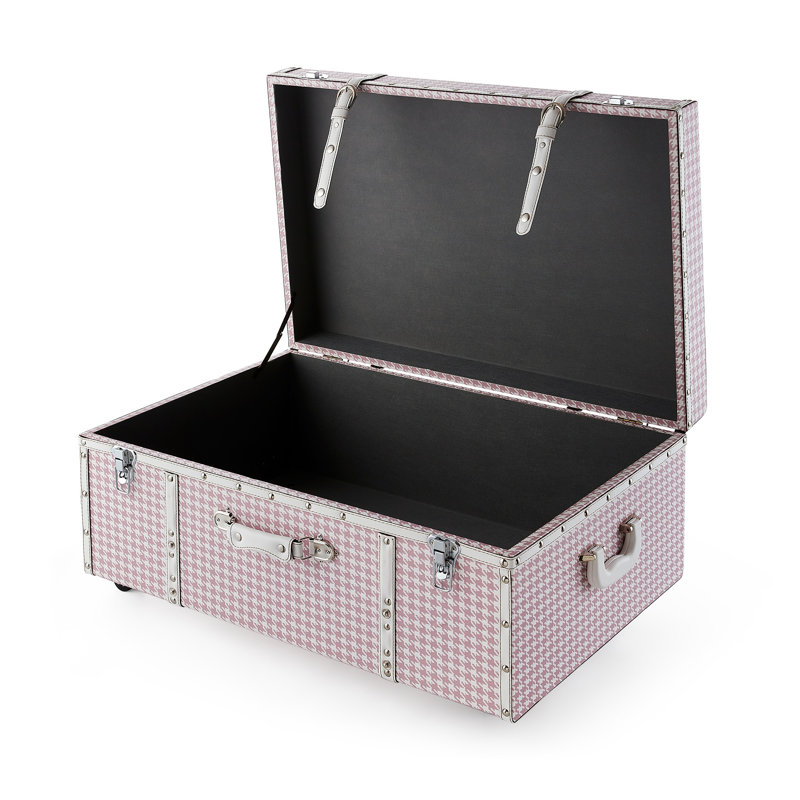 Preppy Houndstooth Designer Trunk with Wheels, Pink
