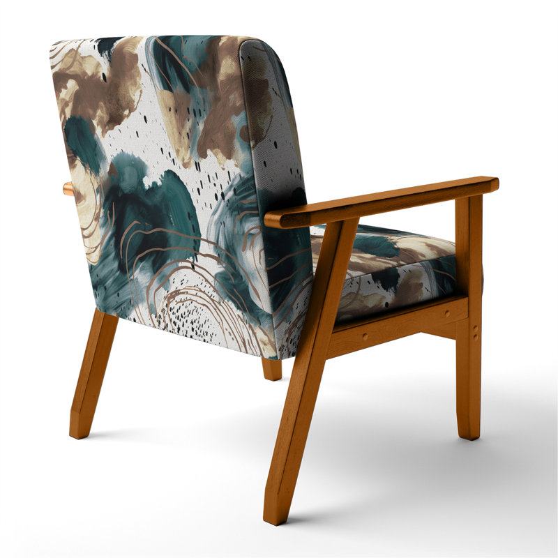 Fauteuil rembourré en velours moderne à motif abstrait avec textures bleues et dorées II, Vert/brun/blanc, Brun