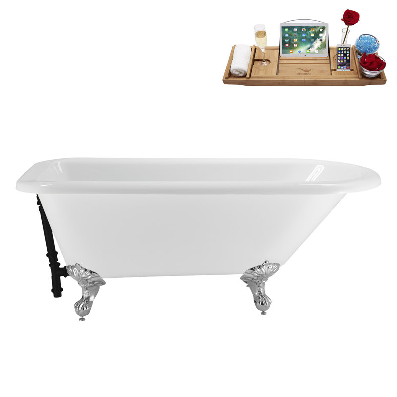 62" Streamline Clawfoot Tub,Tray,Drain, Clawfeet, Polished Chrome, Matte Black