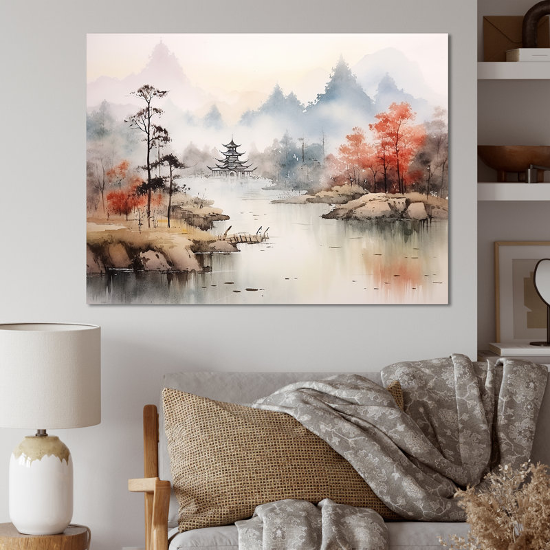 Orange, paysage chinois tranquille sérénité II - Chine, art mural, Toile tendue, H 30 po x l 40 po x P 1,5 po