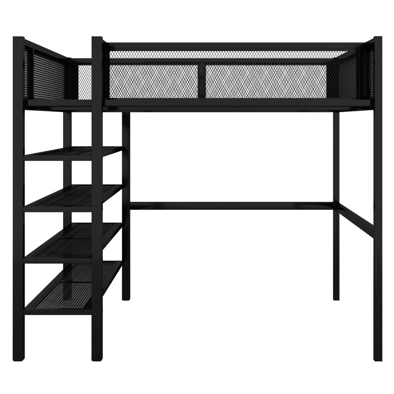 Lit mezzanine en métal noir avec rangement spacieux - 20 lattes robustes, poste de travail créatif, sommeil confortable, 4 tablettes pleine grandeur et rangement, construction pour la chambre à coucher, aucune fondation nécessaire