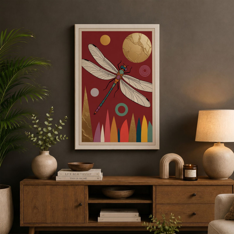 Dragonfly and Circles Boho - Wrapped Canvas, 36x24 - 91.4 x 61.0 cm, Teal Border