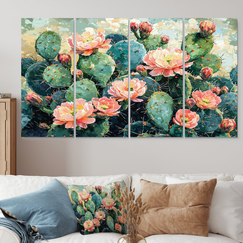 Jardin de cactus en fleurs III - Art mural floral cactus - ensemble de décorations murales traditionnelles, H 32 po x l 64 po