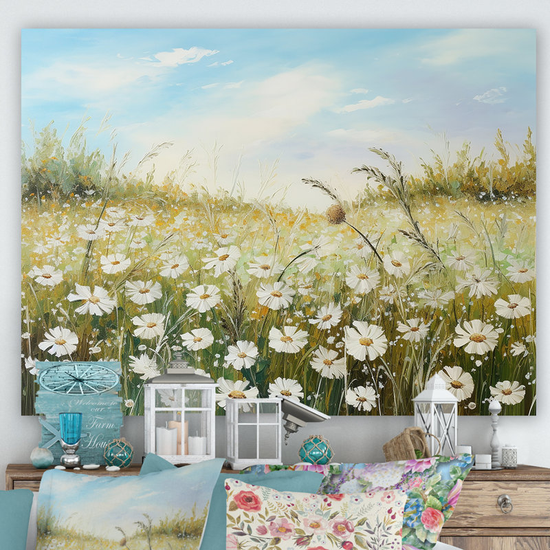 Champ de fleurs marguerites au soleil, H 34 po x l 44 po x P 1,5 po, Toile tendue