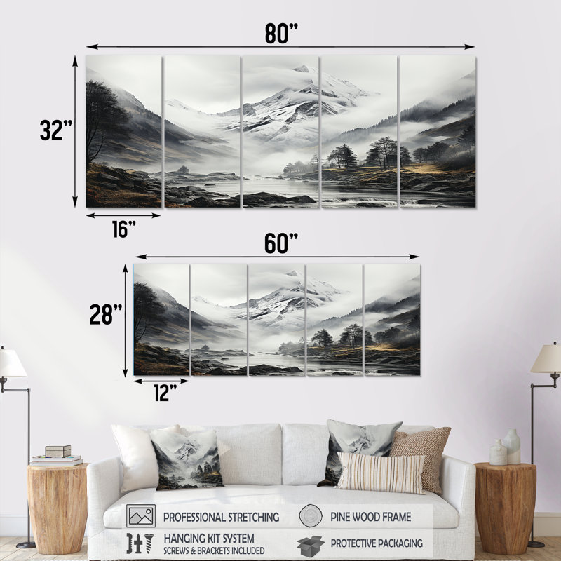 Paysage de montagne suisse brouillard I - montagnes, ensemble de 5 décorations murales, H 28 po x l 60 po