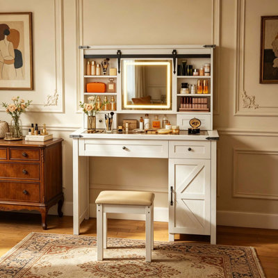 Ensemble de coiffeuse moderne avec miroir DEL et tabouret rembourré, meuble coiffeuse, coiffeuse de rangement, ensemble de meubles de coiffeuse, 1 coiffeuse et 1 tabouret de coiffeuse seulement