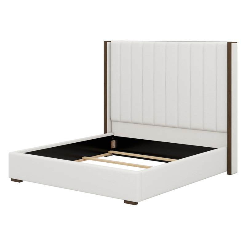 Tall Headboard Upholstered Bed With Vertical Striped And Wingback Design