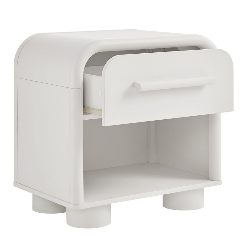 Rayshawn Curved 1-Drawer Nightstand in White Matte, White Matte