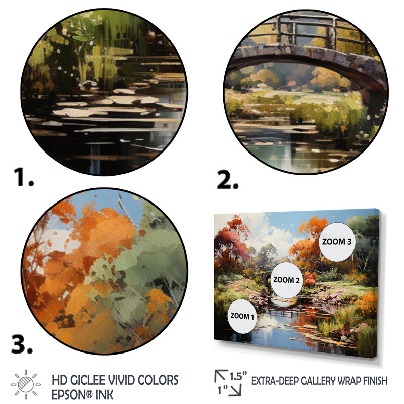 «Maisynn Green Bridge Impressionist Crossing An», reproduction sur toile, H 24 po x l 32 po x P 1 po, Cadre flottant noir