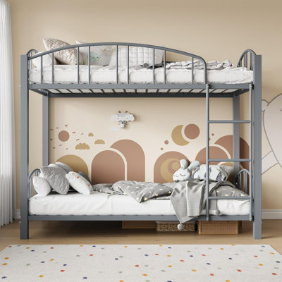 Twin Over Twin Metal Bunk Bed with Arched Guardrail and Safety Ladder, Heavy Duty Steel Frame for Kids, Boys, and Girls, Space-Saving Design, No Box Spring Needed, Modern Gray
