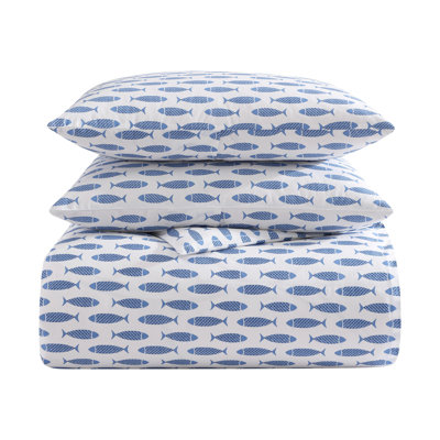 Nautica Woodblock Fish Cotton Reversible Blue Duvet Cover Set