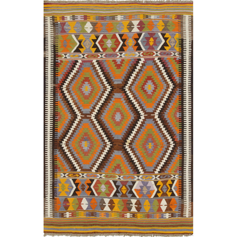 Tapis unique en laine noué à la main de style années 1960 de 5 pi x 7 pi 10 po en brun / orange