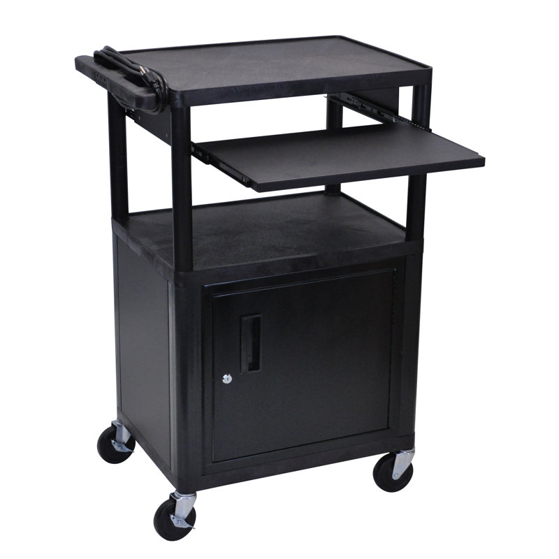 Black 42" AV Cart with Locking Cabinet and Pullout Shelf