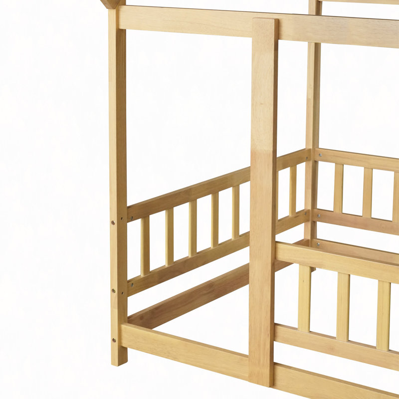 Lit en bois avec structure de toit et garde-corps de sécurité, Lit simple