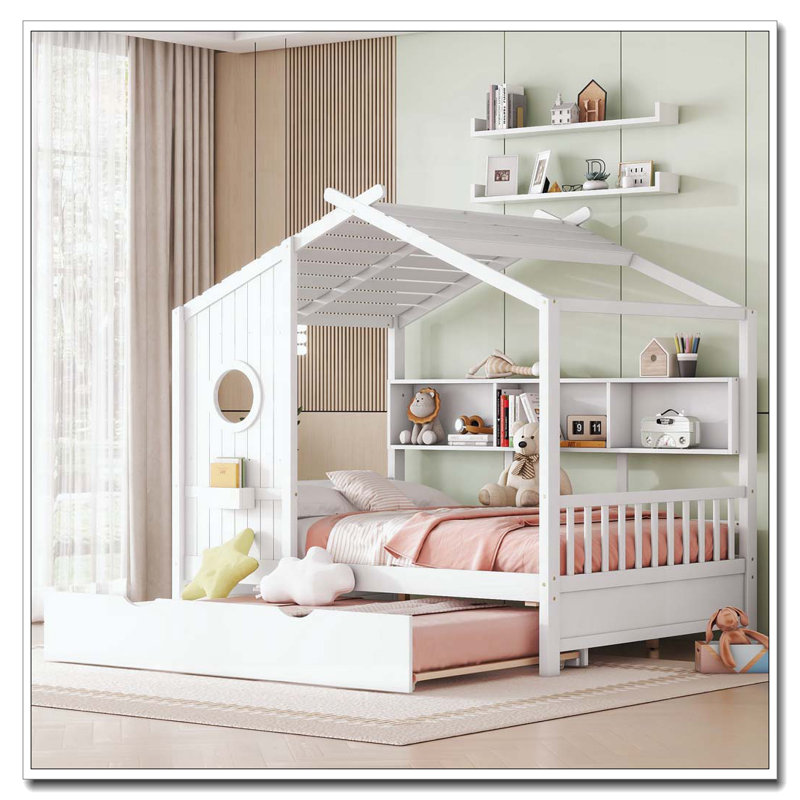 Lit simple en bois avec lit gigogne, Blanc, Lit simple
