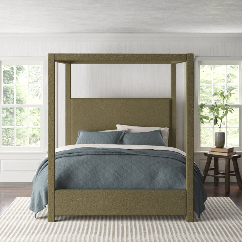 Upholstered Canopy Bed, Olive Boucle Fabric, Queen
