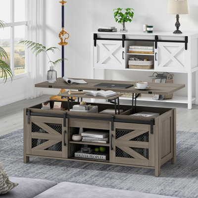 Table basse à plateau relevable de 47,2 po, table basse de ferme 4 en 1 avec rangement et portes de grange coulissantes, tables basses pour salon, salle à manger (gris)