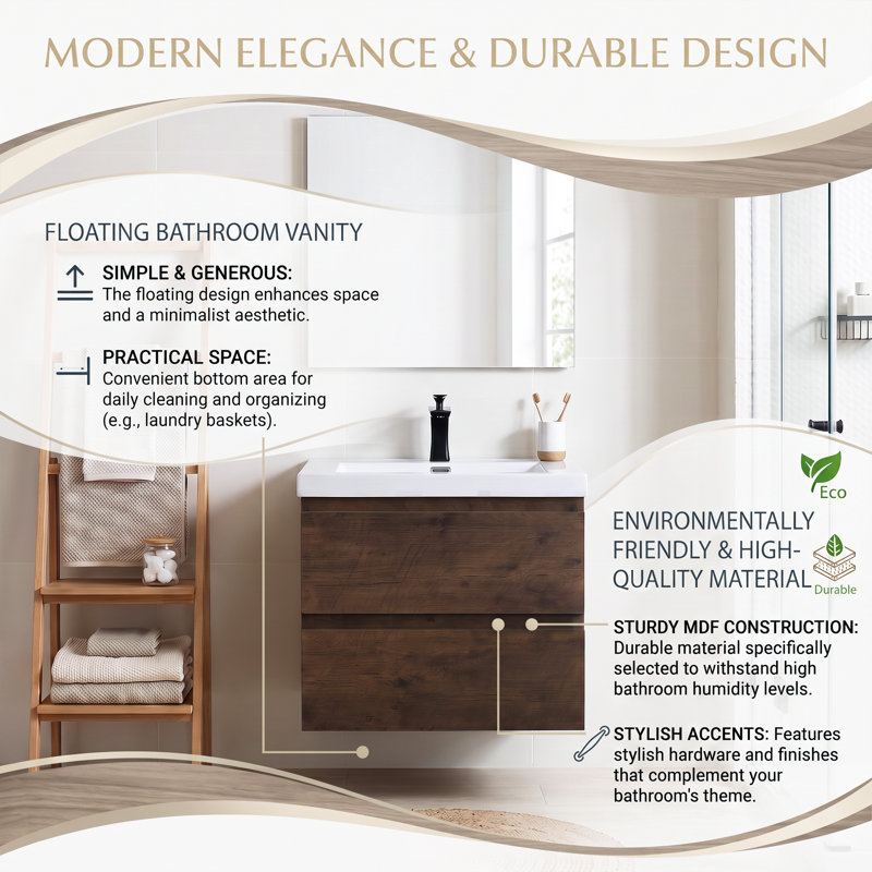 23.62" Wood Melamine Wall-Mount Floating Bathroom Vanity with Integrated Resin Sink & Soft Close Doors Fully Assembled, White