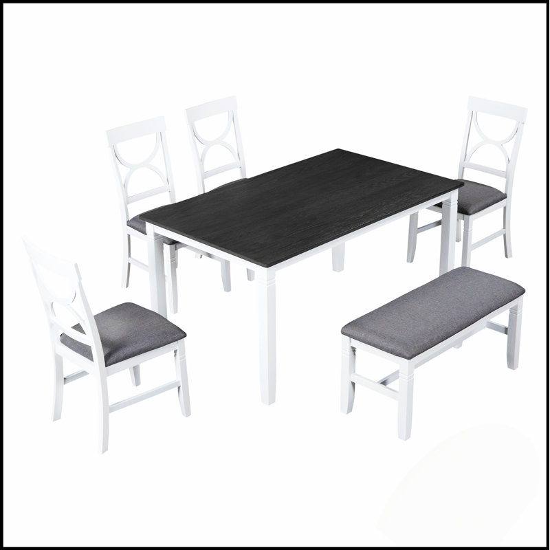 Ensemble de table de salle à manger 6 pièces en bois avec banc rembourré et 4 chaises, style campagnard pour des rassemblements confortables et durables