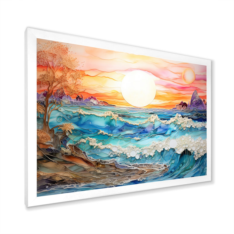 Rainbow Ocean Sunrise - art mural océan, H 34 po x l 44 po x P 1,5 po, Cadre simple blanc