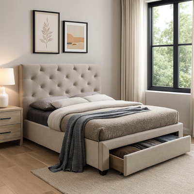 Lit Sya avec capitonnage à boutons et rangement sous le lit