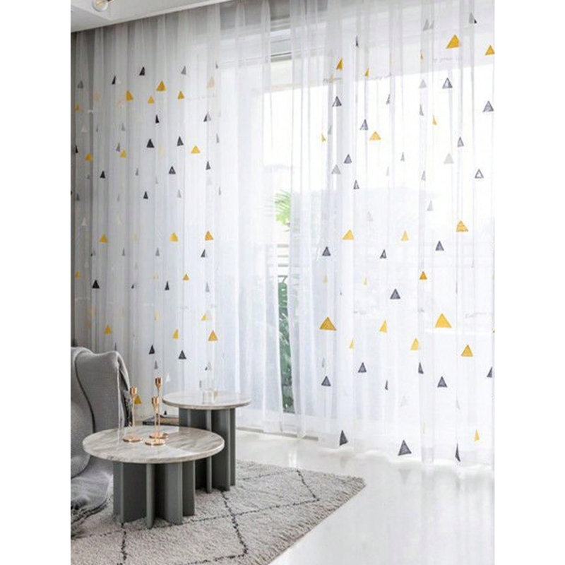 Modern Geometric Triangle Embroidered Sheer Curtain, Rod Pocket Light Filtering White Voile Drape for Windows, 79