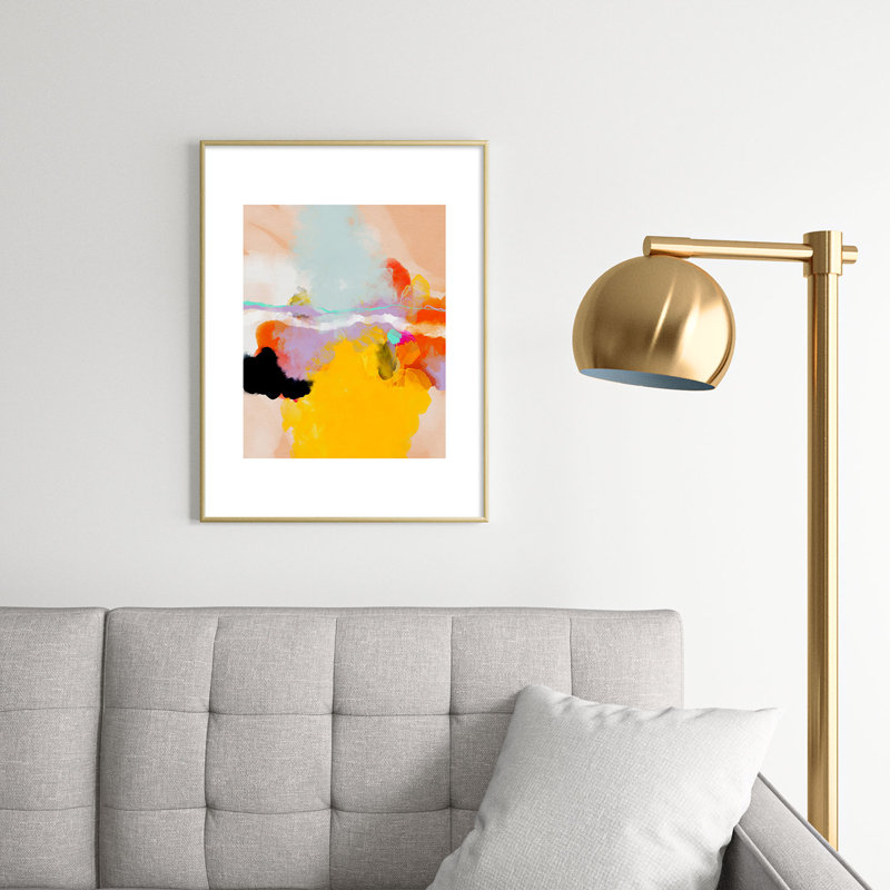 Abstrait jaune rosé encadré sur papier, Or, H 24 po x l 18 po