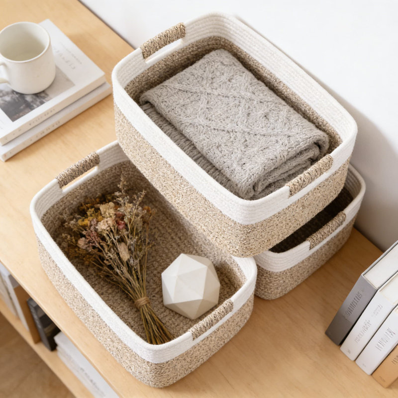 Large Woven Storage Baskets 3-Pack, Handwoven Cotton Rope Organizer Bins With Reinforced Handles For Shelves, Closet, Kitchen, Toys, And Home Organization