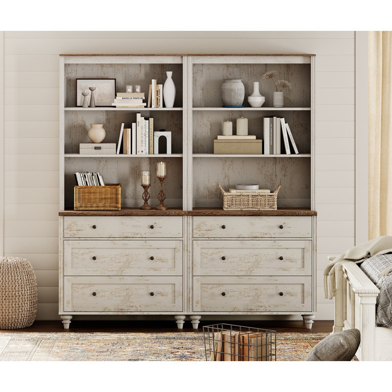 Garde-manger de style Mid-Century moderne avec 6 tiroirs, armoire de rangement de style campagnard avec tablettes réglables pour la cuisine, le salon, la chambre à coucher, blanc rustique