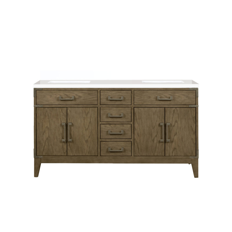 Meuble-lavabo double en chêne gris 60 po Long, 22 po de profondeur avec plateau en marbre de culture poli, structure en bois massif, mécanisme de fermeture en douceur, deux armoires, quatre tiroirs et une tablette pour l'espace de rangement, 8 trous pré-percés