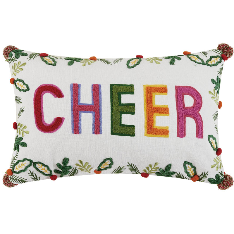 Colorful Holiday Cheer Embroidered Pillow with Pom Poms