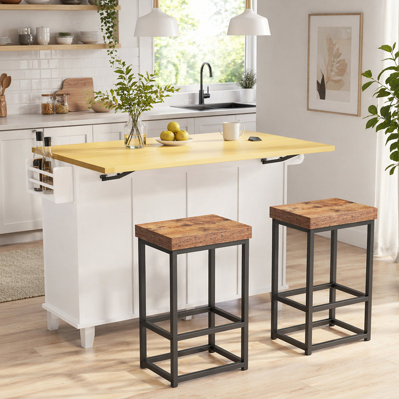 Îlot de cuisine Farmhouse avec abattant et 2 sièges, ensemble de chariot de cuisine avec armoire de rangement, tiroirs, tablettes de porte et prise de courant, blanc
