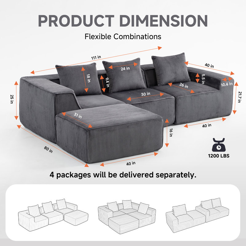 111" W Oversized 3-Piece  Upholstered Modular Sofa Set with Ottoman, Corduroy Fabric Sectional Couch, No Assembly , Includes Pillows
