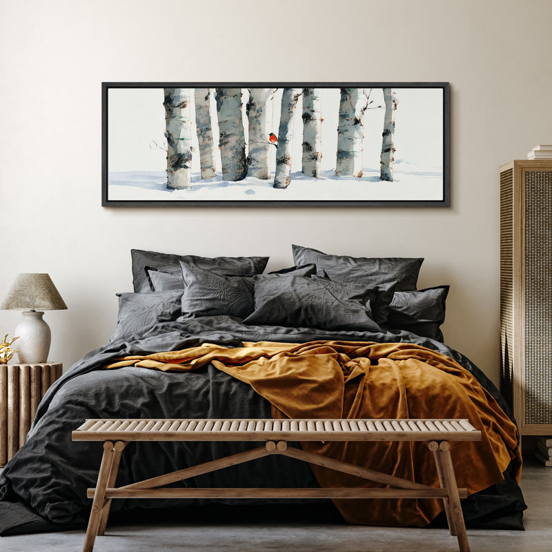 «Winter Tree Forest with Red Bird», très grandes photos, impression sur toile encadrée, H 20 po x l 60 po, Noir